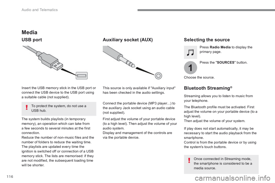 CITROEN C3 2022  Owners Manual 116
1
 Audio and Telematics 
Transversal-Citroen_en_Chap02_RCC-2-2-0_ed01-2016
Media 
  USB  port  Selecting the source  
  Press  the  " SOURCES "  button.  
  Press   Radio Media  to display the pri