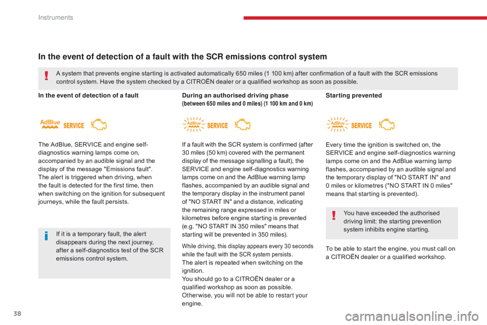 CITROEN C3 2022 Owners Guide 38
In the event of detection of a fault with the SCR emissions control system
In the event of detection of a faultDuring an authorised driving phase (between 650 miles and 0 miles) (1 100 km and 0 km)