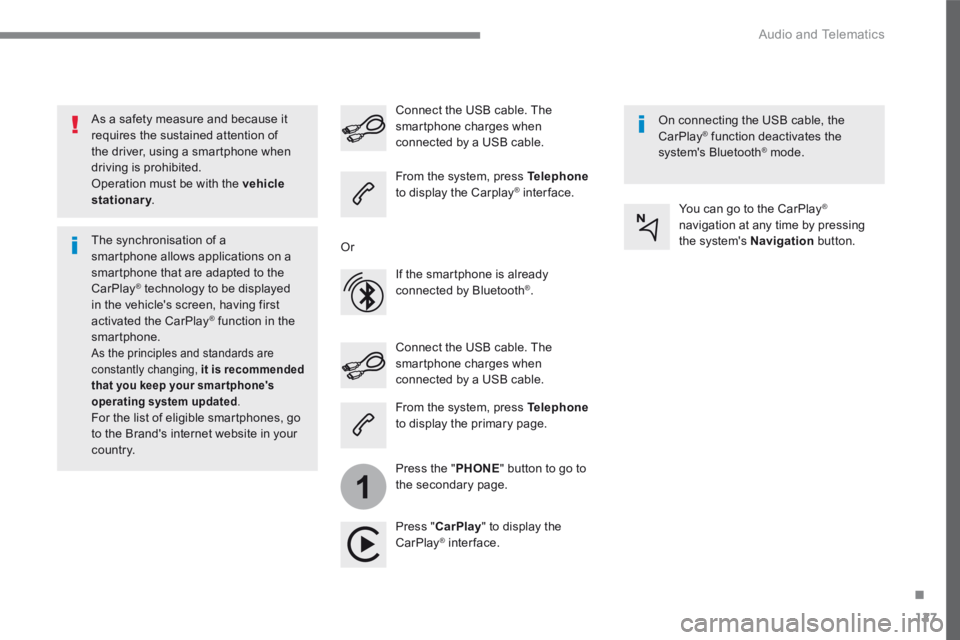 CITROEN C3 2022 User Guide 127
.
1
Audio and Telematics
Transversal-Citroen_en_Chap02_RCC-2-2-0_ed01-2016
As a safety measure and because it requires the sustained attention of the driver, using a smartphone when driving is CITROEN C3 2022 User Guide 127
.
1
Audio and Telematics
Transversal-Citroen_en_Chap02_RCC-2-2-0_ed01-2016
As a safety measure and because it requires the sustained attention of the driver, using a smartphone when driving is