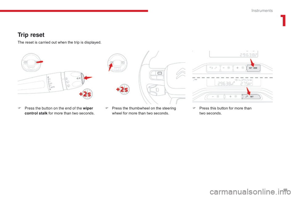 CITROEN C3 2022  Owners Manual 51
B618_en_Chap01_Instruments-de-bord_ed01-2016
Trip reset
F Press the button on the end of the wiper control stalk  for more than two seconds. F
 P ress the thumbwheel on the steering 
wheel for more