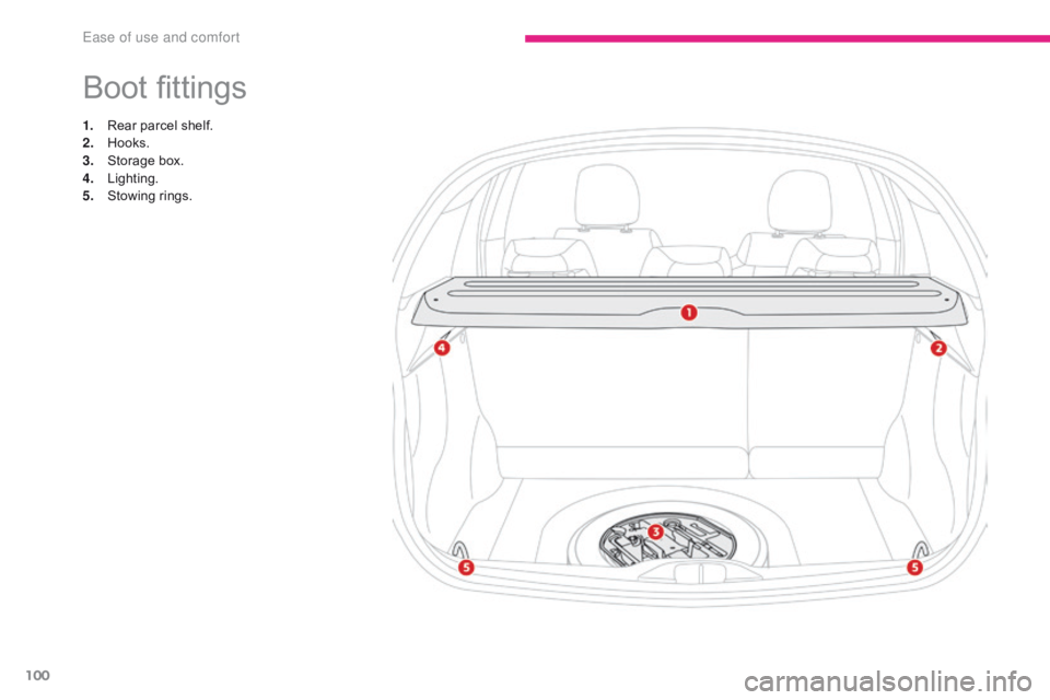 CITROEN C3 2021 Owners Manual 100
B618_en_Chap03_Ergonomie-et-confort_ed01-2016
Boot fittings
1. Rear parcel shelf.
2. Hooks.
3.
St
orage box.
4.
L
ighting.
5.
S
towing rings.
Ease of use and comfort CITROEN C3 2021 Owners Manual 100
B618_en_Chap03_Ergonomie-et-confort_ed01-2016
Boot fittings
1. Rear parcel shelf.
2. Hooks.
3.
St
orage box.
4.
L
ighting.
5.
S
towing rings.
Ease of use and comfort