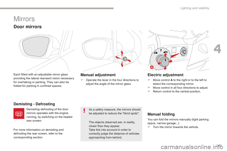 CITROEN C3 2021 Owners Manual 103
B618_en_Chap04_Eclairage-et-visibilite_ed01-2016
Mirrors
Door mirrors
Each fitted with an adjustable mirror glass
providing the lateral rear ward vision necessary
for overtaking or parking. They CITROEN C3 2021 Owners Manual 103
B618_en_Chap04_Eclairage-et-visibilite_ed01-2016
Mirrors
Door mirrors
Each fitted with an adjustable mirror glass
providing the lateral rear ward vision necessary
for overtaking or parking. They
