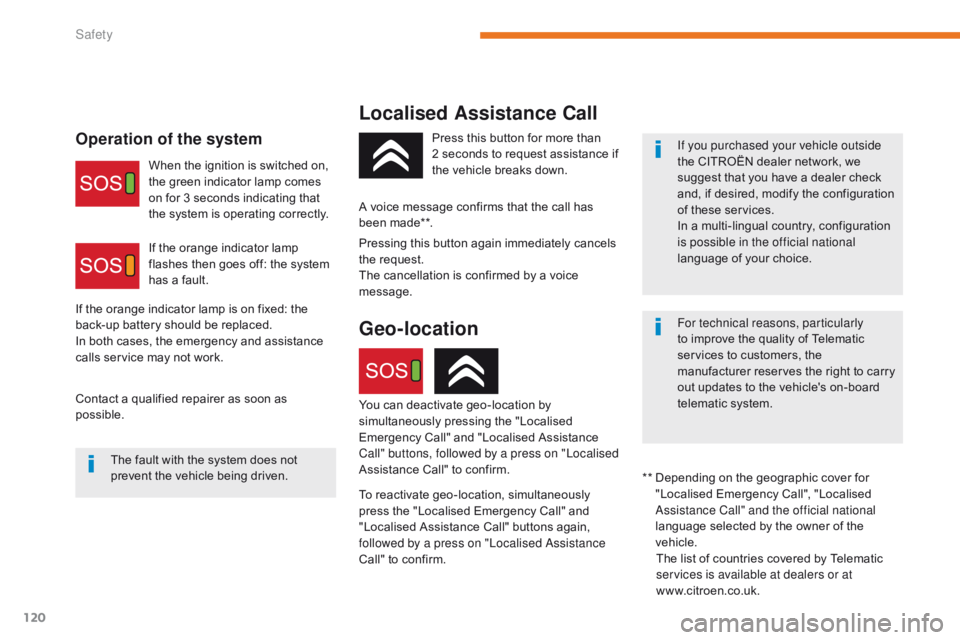 CITROEN C3 2021  Owners Manual 120
B618_en_Chap05_securite_ed01-2016
Localised Assistance Call
Operation of the systemIf you purchased your vehicle outside 
the CITROËN dealer network, we 
suggest that you have a dealer check 
and