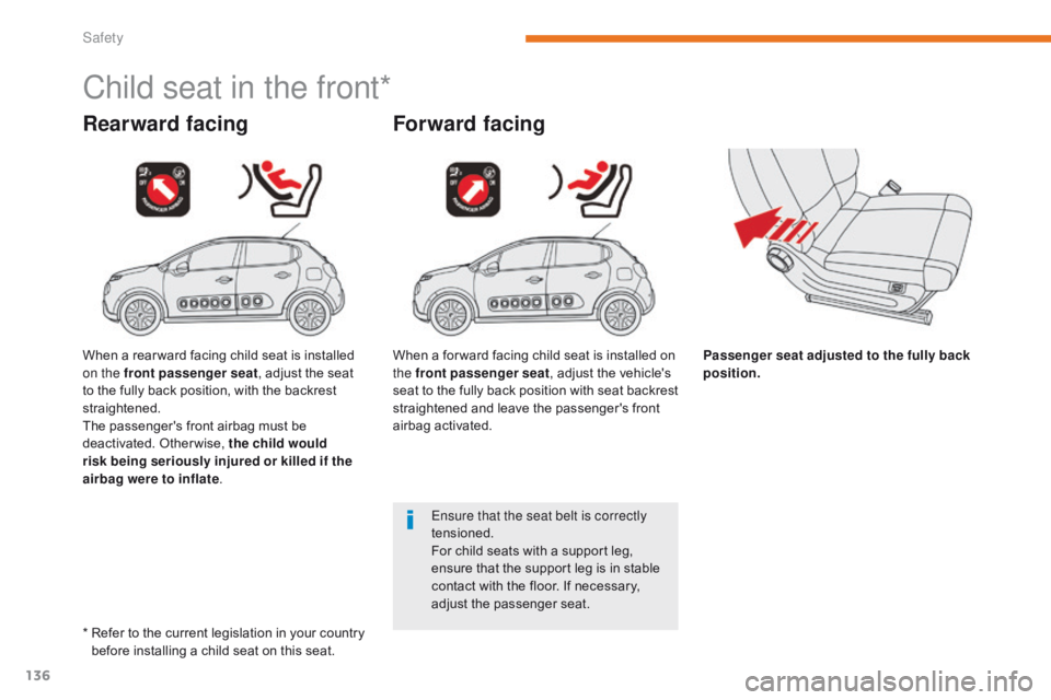 CITROEN C3 2021 Owners Manual 136
B618_en_Chap05_securite_ed01-2016
Child seat in the front*
Rearward facingForward facing
Passenger seat adjusted to the fully back
position.
Ensure that the seat belt is correctly
tensioned.
For CITROEN C3 2021 Owners Manual 136
B618_en_Chap05_securite_ed01-2016
Child seat in the front*
Rearward facingForward facing
Passenger seat adjusted to the fully back
position.
Ensure that the seat belt is correctly
tensioned.
For