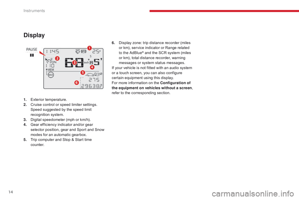 CITROEN C3 2021 Owners Manual 14
Display
1. Exterior temperature.
2. Cruise control or speed limiter settings.
S
peed suggested by the speed limit
recognition system.
3.
D
igital speedometer (mph or km/h).
4.
G
ear efficien CITROEN C3 2021 Owners Manual 14
Display
1. Exterior temperature.
2. Cruise control or speed limiter settings.
S
peed suggested by the speed limit
recognition system.
3.
D
igital speedometer (mph or km/h).
4.
G
ear efficien