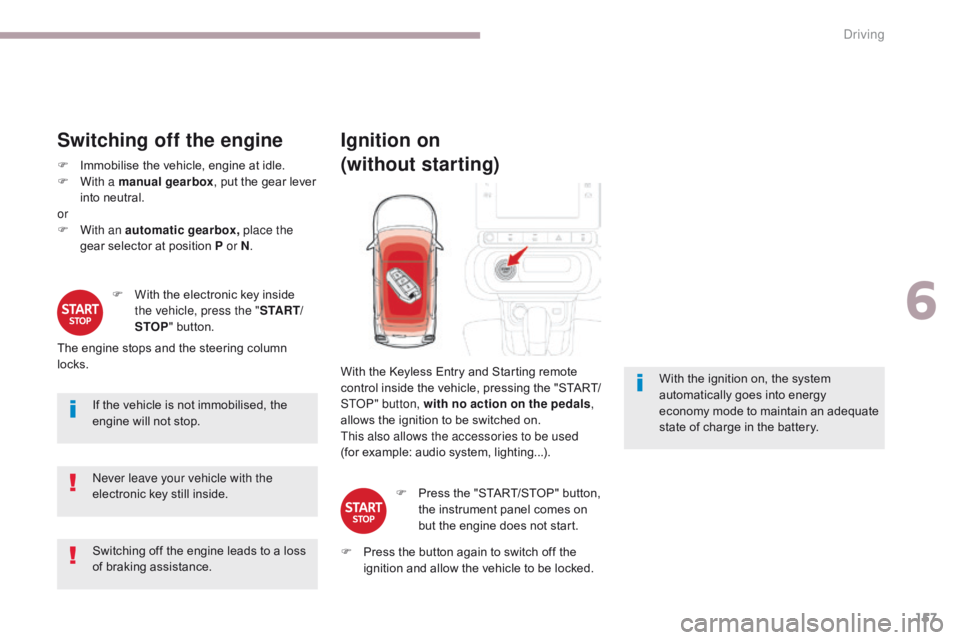 CITROEN C3 2021 User Guide 157
B618_en_Chap06_conduite_ed01-2016
Switching off the engine
F Immobilise the vehicle, engine at idle.
F W ith a manual gearbox , put the gear lever 
into neutral.
or
F
 
W
 ith an automatic gearbox
