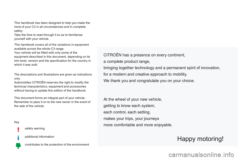 CITROEN C3 2021  Owners Manual Keysafety warning
additional information
contributes to the protection of the environment
CITROËN has a presence on every continent,
a complete product range,
bringing together technology and a perma