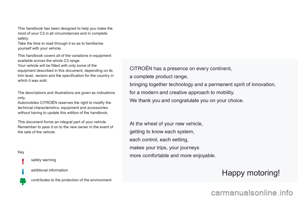 CITROEN C3 2021  Owners Manual Keysafety warning
additional information
contributes to the protection of the environment
CITROËN has a presence on every continent,
a complete product range,
bringing together technology and a perma