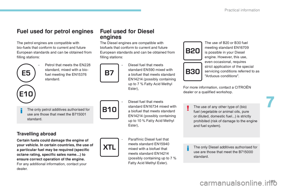 CITROEN C3 2021  Owners Manual 199
B618_en_Chap07_info-pratiques_ed01-2016
Fuel used for petrol engines
The petrol engines are compatible with 
bio-fuels that conform to current and future 
European standards and can be obtained fr