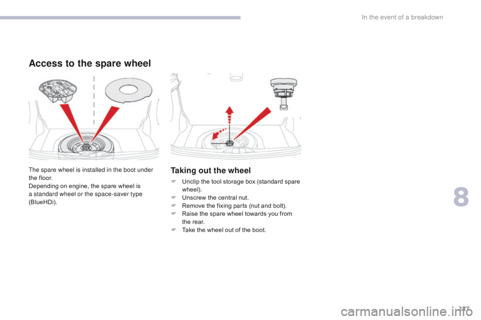 CITROEN C3 2021 Owners Manual 227
B618_en_Chap08_En-cas-de-panne_ed01-2016
Taking out the wheel
F Unclip the tool storage box (standard spare wheel).
F
U
nscrew the central nut.
F
R
emove the fixing parts (nut and bolt).
F
CITROEN C3 2021 Owners Manual 227
B618_en_Chap08_En-cas-de-panne_ed01-2016
Taking out the wheel
F Unclip the tool storage box (standard spare wheel).
F
U
nscrew the central nut.
F
R
emove the fixing parts (nut and bolt).
F