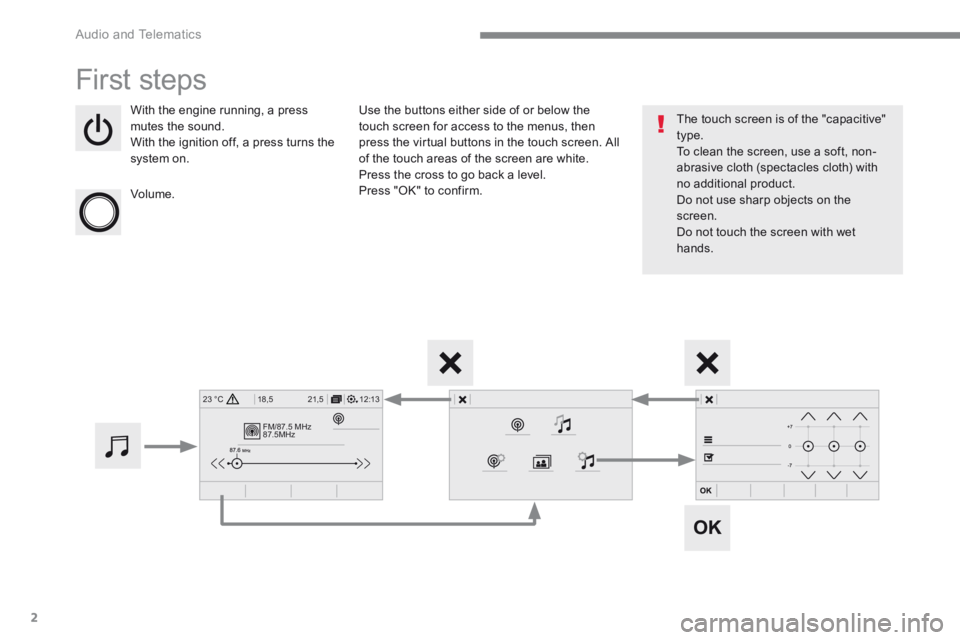 CITROEN C3 2021  Owners Manual 2
FM/87.5 MHz
87.5MHz
12:13
18,5 21,5
23 °C
 Audio and Telematics 
 First  steps 
  With the engine running, a press mutes the sound.  With the ignition off, a press turns the system  on.  
  Volume.