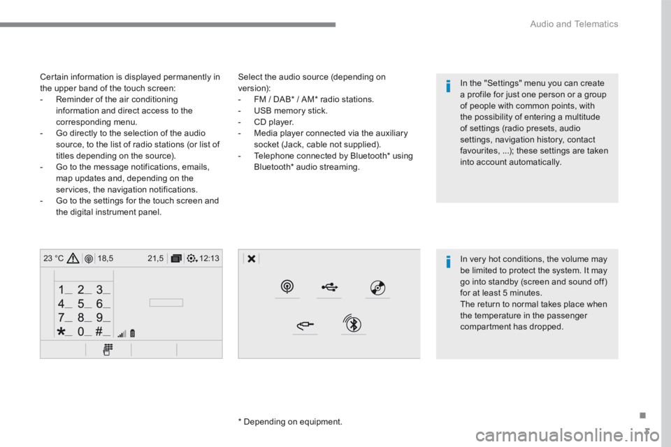 CITROEN C3 2021  Owners Manual 3
.
12:13
18,5 21,5
23 °C
 Audio and Telematics 
  Select the audio source (depending on version):    -   FM / DAB *  / AM *  radio stations.   -   USB memory stick.   -   CD  player.   -   Media pla