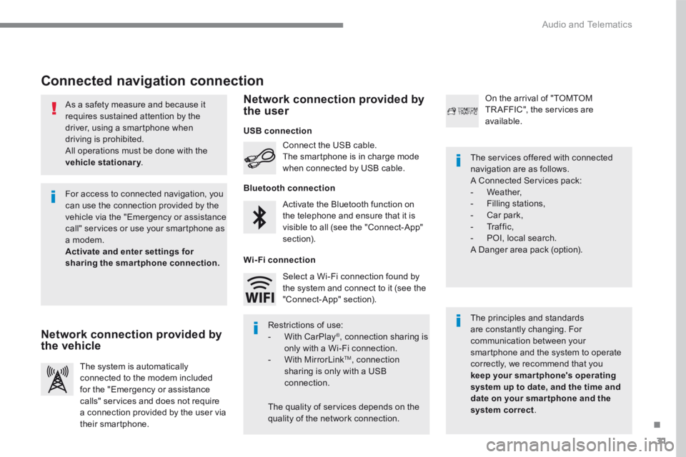 CITROEN C3 2021  Owners Manual 31
.
 Audio and Telematics 
  As a safety measure and because it requires sustained attention by the driver, using a smartphone when driving is prohibited.  All operations must be done with the 
vehic