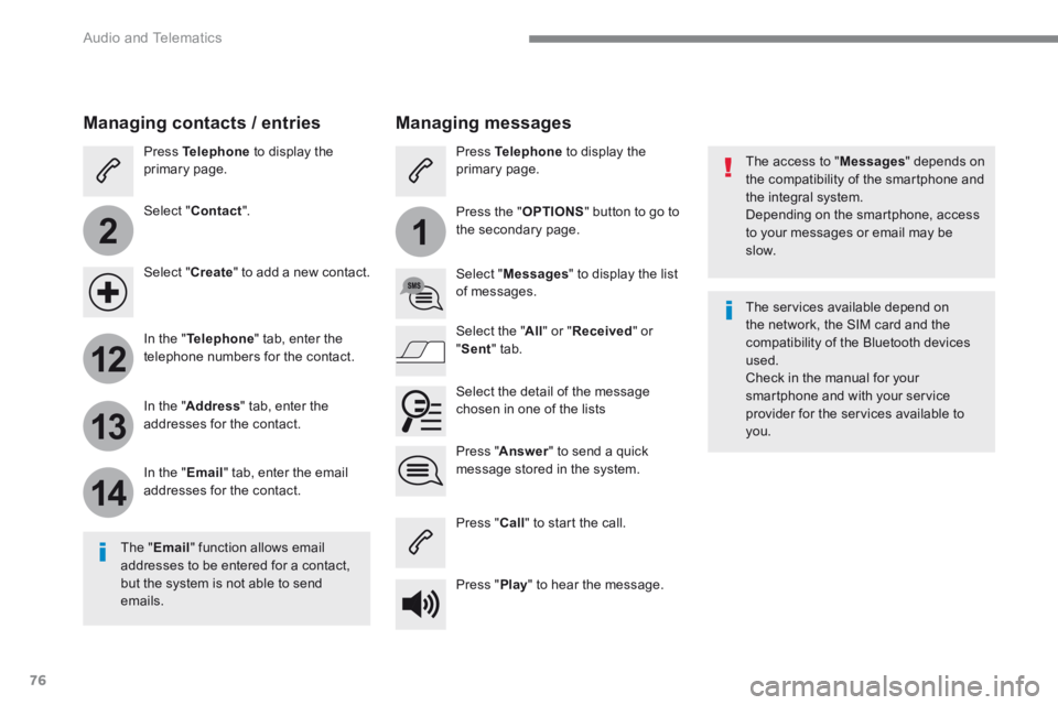 CITROEN C3 2021 Owners Manual 76
2
12
13
14
1
Audio and Telematics
The access to " Messages " depends on the compatibility of the smartphone and the integral system. Depending on the smartphone, access to your messages or ema CITROEN C3 2021 Owners Manual 76
2
12
13
14
1
Audio and Telematics
The access to " Messages " depends on the compatibility of the smartphone and the integral system. Depending on the smartphone, access to your messages or ema