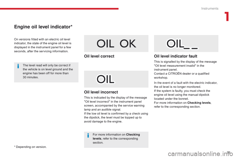 CITROEN C3 2021 Owners Manual 35
B618_en_Chap01_Instruments-de-bord_ed01-2016
Engine oil level indicator*
On versions fitted with an electric oil level
indicator, the state of the engine oil level is
displayed in the instrument CITROEN C3 2021 Owners Manual 35
B618_en_Chap01_Instruments-de-bord_ed01-2016
Engine oil level indicator*
On versions fitted with an electric oil level
indicator, the state of the engine oil level is
displayed in the instrument