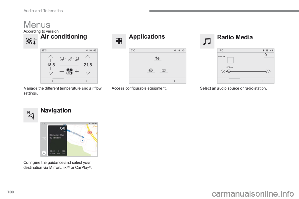 CITROEN C3 2021 Owners Manual 100
21,518,5
Audio and Telematics
Transversal-Citroen_en_Chap02_RCC-2-2-0_ed01-2016
Menus
Radio Media Applications
Select an audio source or radio station. Access configurable equipmen CITROEN C3 2021 Owners Manual 100
21,518,5
Audio and Telematics
Transversal-Citroen_en_Chap02_RCC-2-2-0_ed01-2016
Menus
Radio Media Applications
Select an audio source or radio station. Access configurable equipmen