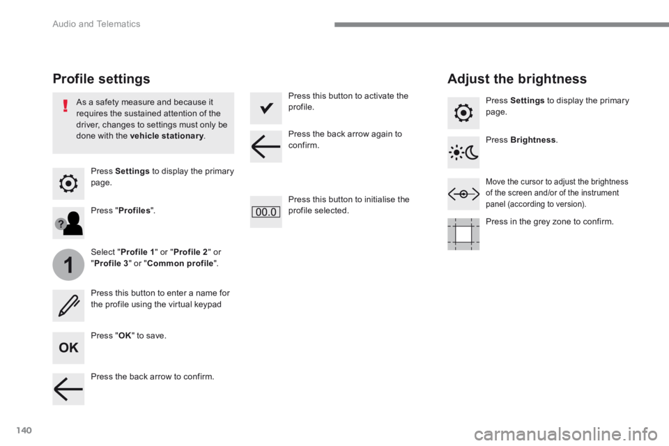 CITROEN C3 2021 Owners Manual 140
1
Audio and Telematics
Transversal-Citroen_en_Chap02_RCC-2-2-0_ed01-2016
Press Settings to display the primary page.
Profile settings Adjust the brightness
Press " OK " to save.
CITROEN C3 2021 Owners Manual 140
1
Audio and Telematics
Transversal-Citroen_en_Chap02_RCC-2-2-0_ed01-2016
Press Settings to display the primary page.
Profile settings Adjust the brightness
Press " OK " to save.