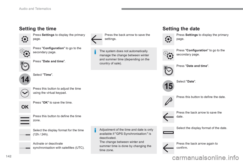 CITROEN C3 2021 Owners Manual 142
15
14
Audio and Telematics
Transversal-Citroen_en_Chap02_RCC-2-2-0_ed01-2016
Press Settings to display the primary page.
Select " Date ".
Select " Time ".
Press " Date and ti CITROEN C3 2021 Owners Manual 142
15
14
Audio and Telematics
Transversal-Citroen_en_Chap02_RCC-2-2-0_ed01-2016
Press Settings to display the primary page.
Select " Date ".
Select " Time ".
Press " Date and ti