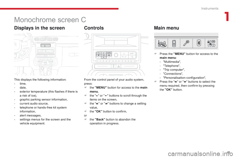 CITROEN C3 2021 Owners Manual 41
B618_en_Chap01_Instruments-de-bord_ed01-2016
Monochrome screen C
This displays the following information:
- t ime,
-
date,
-
e
xterior temperature (this flashes if there is
a risk of ice),
- CITROEN C3 2021 Owners Manual 41
B618_en_Chap01_Instruments-de-bord_ed01-2016
Monochrome screen C
This displays the following information:
- t ime,
-
date,
-
e
xterior temperature (this flashes if there is
a risk of ice),
-