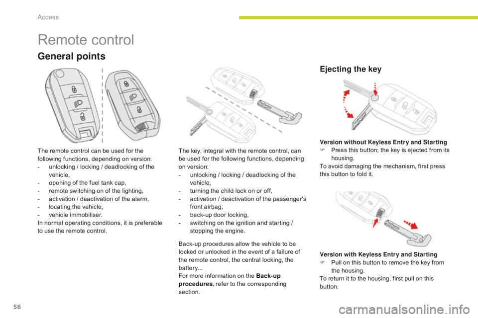 CITROEN C3 2021  Owners Manual 56
B618_en_Chap02_ouvertures_ed01-2016
General points
Remote control
The remote control can be used for the 
following functions, depending on version:
- 
u
 nlocking / locking / deadlocking of the 
v