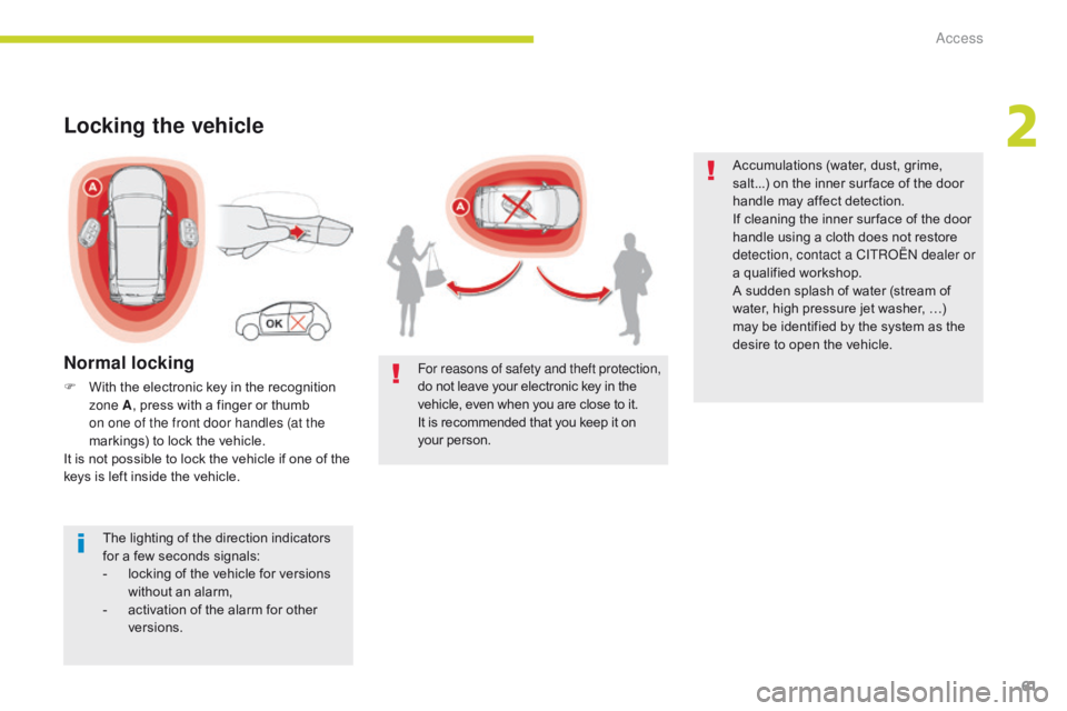 CITROEN C3 2021  Owners Manual 61
B618_en_Chap02_ouvertures_ed01-2016
Locking the vehicle
Normal locking
F With the electronic key in the recognition zone A , press with a finger or thumb 
on one of the front door handles (at the 
