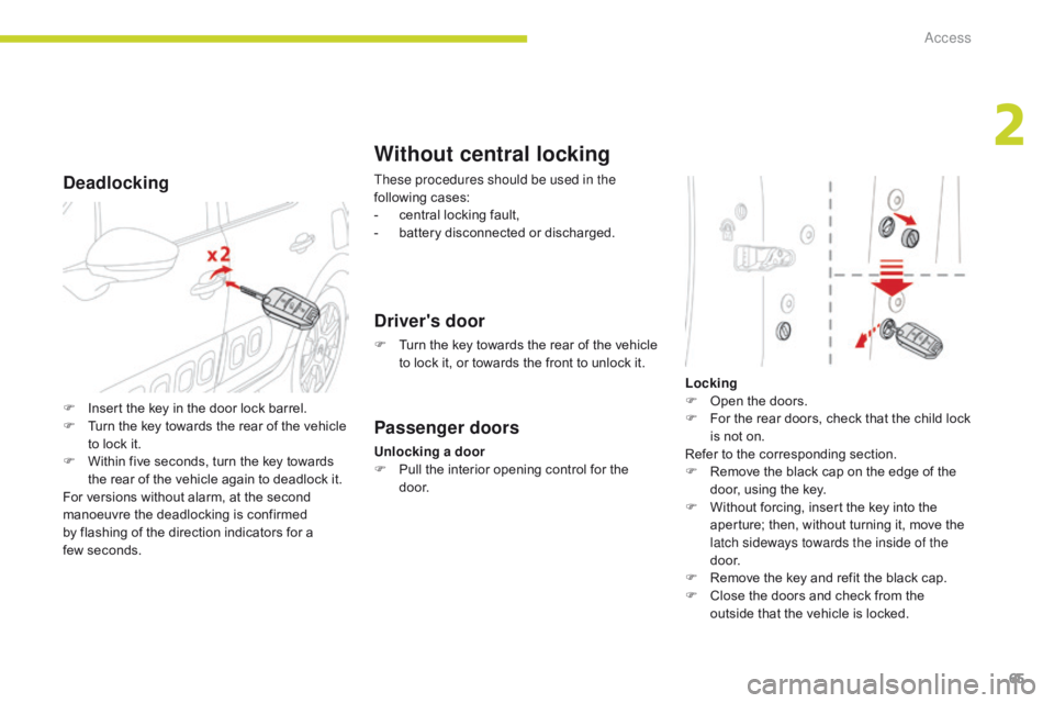 CITROEN C3 2021 Owners Manual 65
B618_en_Chap02_ouvertures_ed01-2016
Deadlocking
Without central locking
These procedures should be used in the
following cases:
-
c
entral locking fault,
-
b
attery disconnected or discharged CITROEN C3 2021 Owners Manual 65
B618_en_Chap02_ouvertures_ed01-2016
Deadlocking
Without central locking
These procedures should be used in the
following cases:
-
c
entral locking fault,
-
b
attery disconnected or discharged