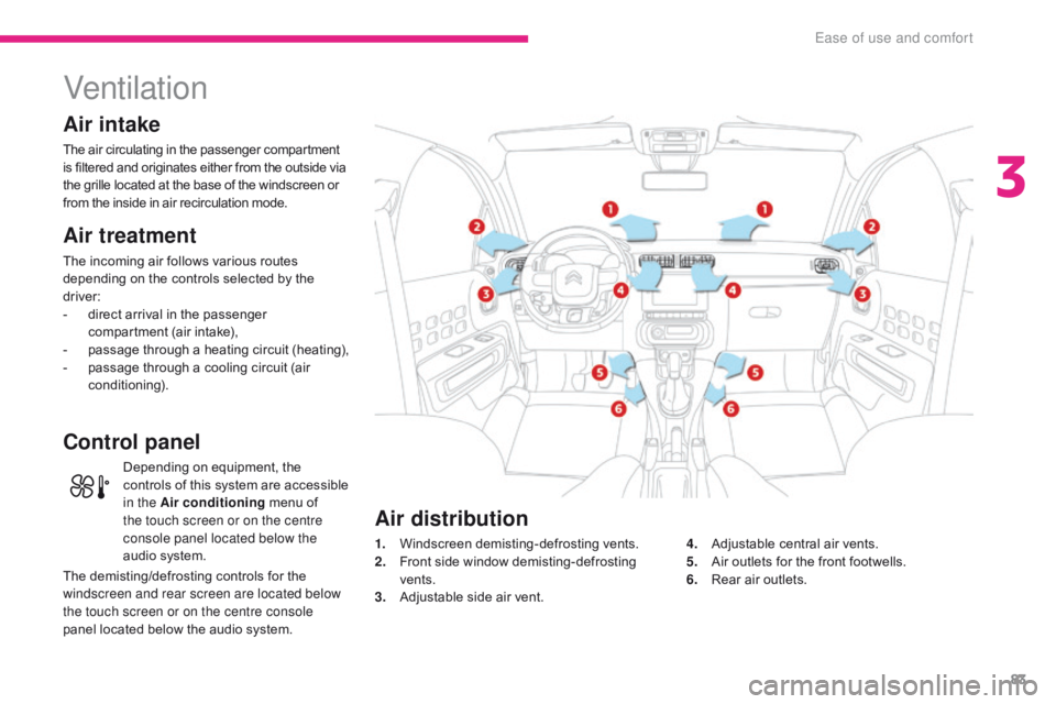 CITROEN C3 2021  Owners Manual 83
B618_en_Chap03_Ergonomie-et-confort_ed01-2016
Ventilation
Air intake
The air circulating in the passenger compartment 
is filtered and originates either from the outside via 
the grille located at 