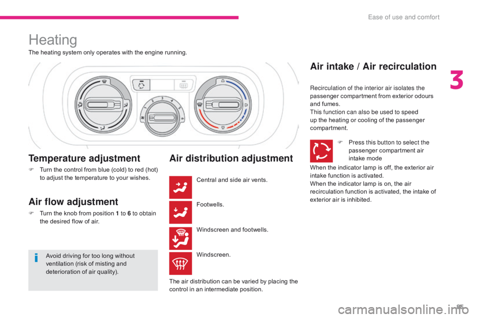 CITROEN C3 2021 Manual Online 85
B618_en_Chap03_Ergonomie-et-confort_ed01-2016
Heating
The heating system only operates with the engine running.
Temperature adjustment
F Turn the control from blue (cold) to red (hot) to adjust the CITROEN C3 2021 Manual Online 85
B618_en_Chap03_Ergonomie-et-confort_ed01-2016
Heating
The heating system only operates with the engine running.
Temperature adjustment
F Turn the control from blue (cold) to red (hot) to adjust the