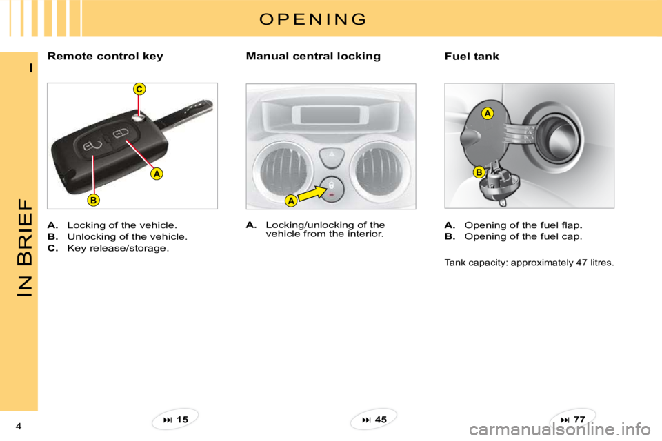 CITROEN C3 2016  Owners Manual A
C
BA
A
B
IN 
B
RIEF
4 
I
Fuel tank
A.�  �O�p�e�n�i�n�g� �o�f� �t�h�e� �f�u�e�l� �ﬂ� �a�p.
B.�  �O�p�e�n�i�n�g� �o�f� �t�h�e� �f�u�e�l� �c�a�p�.
�T�a�n�k� �c�a�p�a�c�i�t�y�:� �a�p�p�r�o�x�i�m�a�t�e