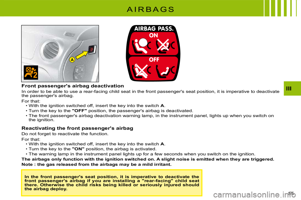 CITROEN C3 2016 Workshop Manual A
55 
III
A I R B A G S
In  the  front  passengers  seat  position,  it  is  imperative  to  deactivate  the front  passengers  airbag  if  you  are  installing  a  "r ear-facing"  child  seat there