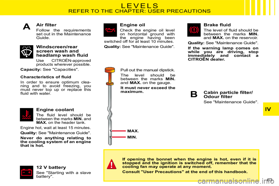 CITROEN C3 2016  Owners Manual A
B
IV
63 
L E V E L SREFER TO THE CHAPTER: USER PRECAUTIONS
�A�i�r� �ﬁ� �l�t�e�r
Follow  the  requirements set out in the Maintenance Guide.
Windscreen/rear screen wash and �h�e�a�d�l�a�m�p� �w�a�s