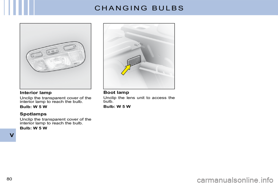CITROEN C3 2016 Manual PDF �8�0� 
V
C H A N G I N G   B U L B S
�I�n�t�e�r�i�o�r� �l�a�m�p
�U�n�c�l�i�p� �t�h�e� �t�r�a�n�s�p�a�r�e�n�t� �c�o�v�e�r� �o�f� �t�h�e� �i�n�t�e�r�i�o�r� �l�a�m�p� �t�o� �r�e�a�c�h� �t�h�e� �b�u�l�b�.