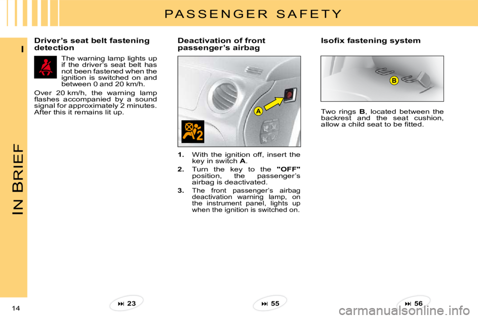 CITROEN C3 2011 User Guide A
B
IN 
B
RIEF
14 
I
Driver’s seat belt fastening  
detectionDeactivation of front 
passenger’s airbag 
�T�h�e� �w�a�r�n�i�n�g� �l�a�m�p� �l�i�g�h�t�s� �u�p� �i�f�  �t�h�e�  �d�r�i�v�e�r�’�s�  �
