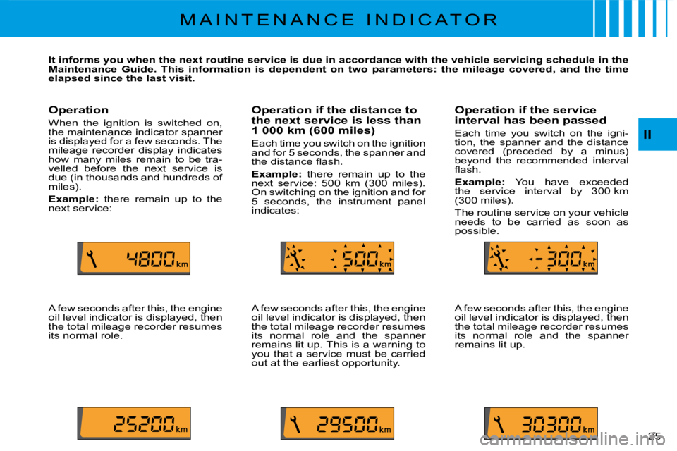 CITROEN C3 2011 Owners Manual �2�5� 
II
M A I N T E N A N C E   I N D I C A T O R
It informs you when the next routine service is due in accordance with the vehicle servicing schedule in the Maintenance  Guide.  This  information 