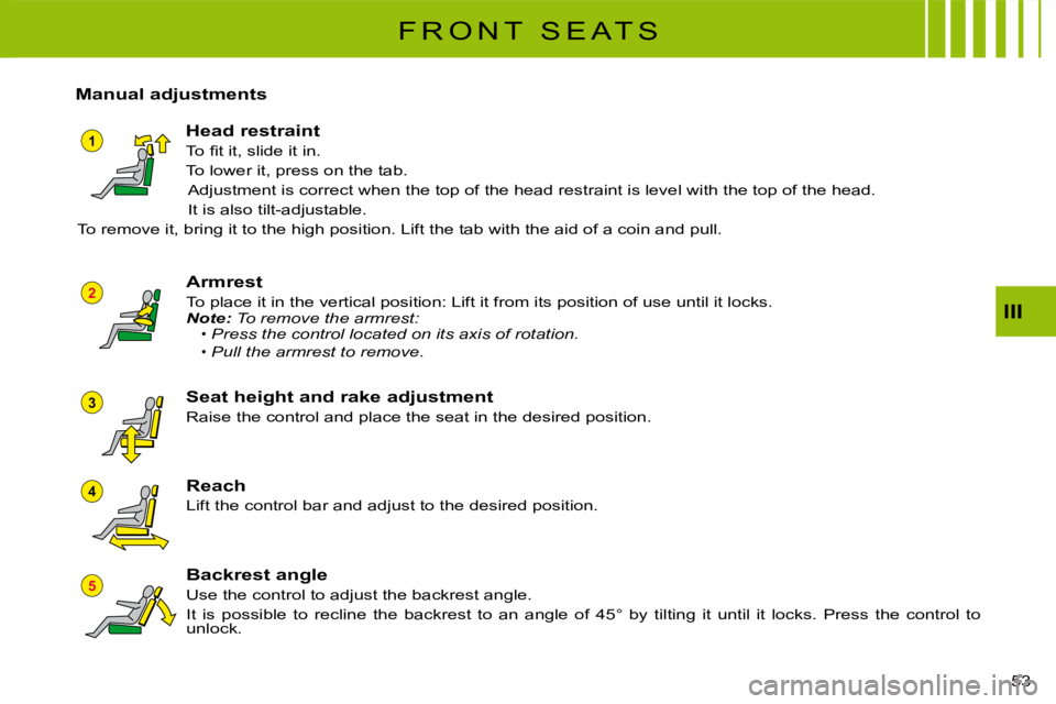 CITROEN C3 2011 Workshop Manual 1
2
4
3
5
53 
III
F R O N T   S E A T S
Manual adjustments
Head restraint
�T�o� �ﬁ� �t� �i�t�,� �s�l�i�d�e� �i�t� �i�n�.
To lower it, press on the tab.
Adjustment is correct when the top of the head