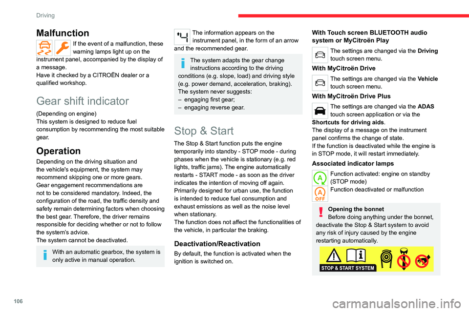 CITROEN C4 2023 Owners Manual 106
Driving
Malfunction
If the event of a malfunction, these
warning lamps light up on the
instrument panel, accompanied by the display of
a message.
Have it checked by a CITROËN dealer or a
qual CITROEN C4 2023 Owners Manual 106
Driving
Malfunction
If the event of a malfunction, these
warning lamps light up on the
instrument panel, accompanied by the display of
a message.
Have it checked by a CITROËN dealer or a
qual