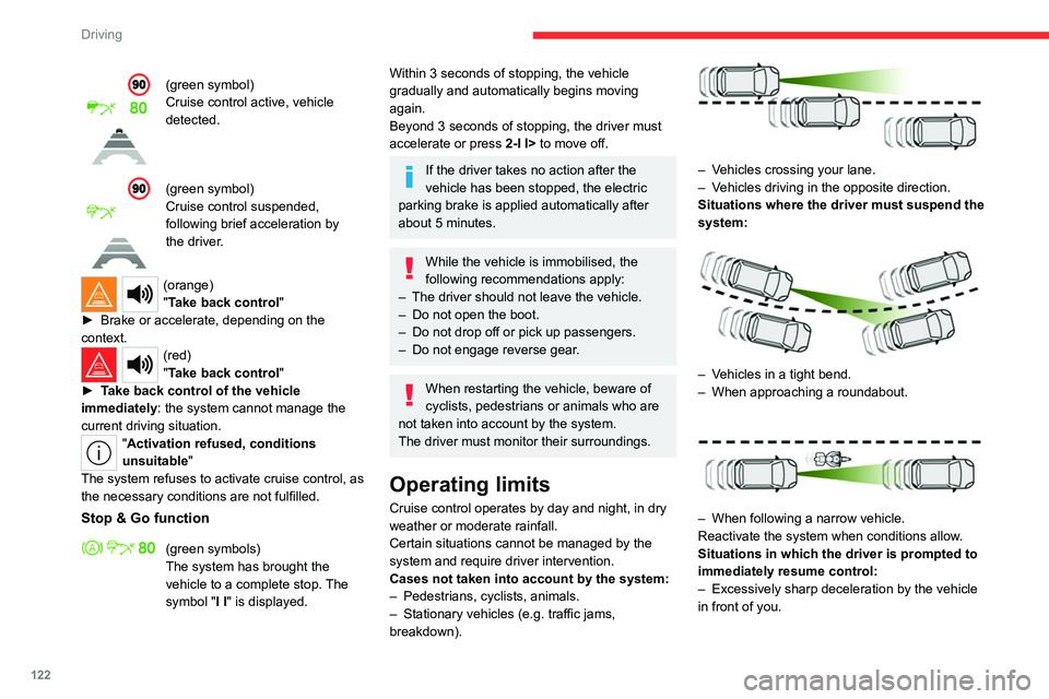 CITROEN C4 2023 Owners Guide 122
Driving
(green symbol)
Cruise control active, vehicle
detected.
(green symbol)
Cruise control suspended,
following brief acceleration by
the driver.
(orange)
"Take back control"
►
B CITROEN C4 2023 Owners Guide 122
Driving
(green symbol)
Cruise control active, vehicle
detected.
(green symbol)
Cruise control suspended,
following brief acceleration by
the driver.
(orange)
"Take back control"
►
B