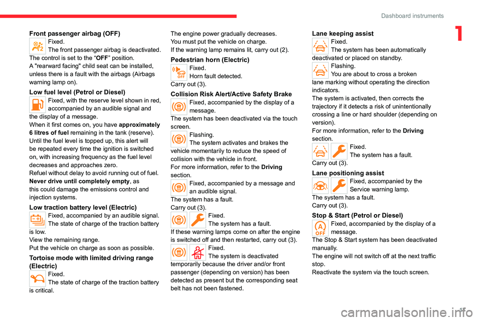 CITROEN C4 2023  Owners Manual 17
Dashboard instruments
1Front passenger airbag (OFF)Fixed.
The front passenger airbag is deactivated.
The control is set to the “OFF ” position.
A "rearward facing" child seat can be ins