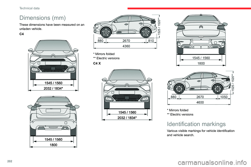 CITROEN C4 2023 Owners Manual 202
Technical data
Dimensions (mm)
These dimensions have been measured on an unladen vehicle.
C4
* Mirrors folded
** Electric versions
C4 X
* Mirrors folded
** Electric versions
CITROEN C4 2023 Owners Manual 202
Technical data
Dimensions (mm)
These dimensions have been measured on an unladen vehicle.
C4
* Mirrors folded
** Electric versions
C4 X
* Mirrors folded
** Electric versions