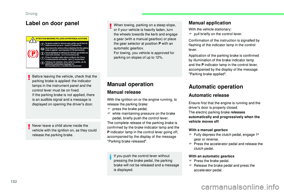 CITROEN C4 SPACETOURER 2022  Owners Manual 132
Label on door panel
Before leaving the vehicle, check that the 
parking brake is applied: the indicator 
lamps in the instrument panel and the 
control lever must be on fixed.
If the parking brake