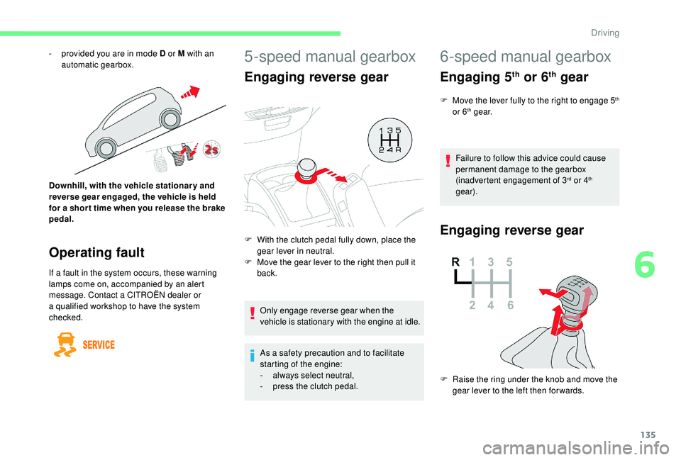 CITROEN C4 SPACETOURER 2022 Workshop Manual 135
5-speed manual gearbox
Engaging reverse gear
Only engage reverse gear when the
vehicle is stationary with the engine at idle.
As a safety precaution and to facilitate
s tarting of the engine:
-
CITROEN C4 SPACETOURER 2022 Workshop Manual 135
5-speed manual gearbox
Engaging reverse gear
Only engage reverse gear when the
vehicle is stationary with the engine at idle.
As a safety precaution and to facilitate
s tarting of the engine:
-