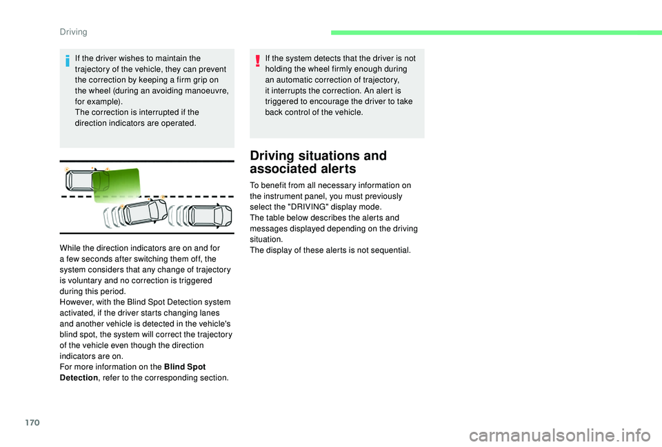 CITROEN C4 SPACETOURER 2022 Repair Manual 170
If the driver wishes to maintain the
trajectory of the vehicle, they can prevent
the correction by keeping a firm grip on
the wheel (during an avoiding manoeuvre,
for example).
The correction CITROEN C4 SPACETOURER 2022 Repair Manual 170
If the driver wishes to maintain the
trajectory of the vehicle, they can prevent
the correction by keeping a firm grip on
the wheel (during an avoiding manoeuvre,
for example).
The correction