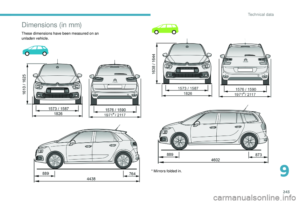 CITROEN C4 SPACETOURER 2022 Owners Manual 243
Dimensions (in mm)
These dimensions have been measured on an
unladen vehicle.* Mirrors folded in.
9
Technical data CITROEN C4 SPACETOURER 2022 Owners Manual 243
Dimensions (in mm)
These dimensions have been measured on an
unladen vehicle.* Mirrors folded in.
9
Technical data
