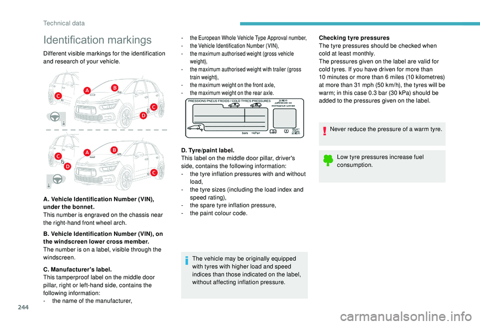 CITROEN C4 SPACETOURER 2022  Owners Manual 244
Identification markings
Different visible markings for the identification 
and research of your vehicle.
A. Vehicle Identification Number (VIN), 
under the bonnet. 
This number is engraved on the 