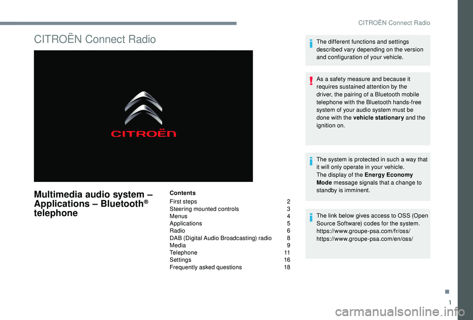 CITROEN C4 SPACETOURER 2022  Owners Manual 1
CITROËN Connect Radio
Multimedia audio system – 
Applications – Bluetooth® 
telephone
Contents
First steps 
 
2
S

teering mounted controls   
3
M

enus   
4
A

pplications   
5
R

adio   
6
D