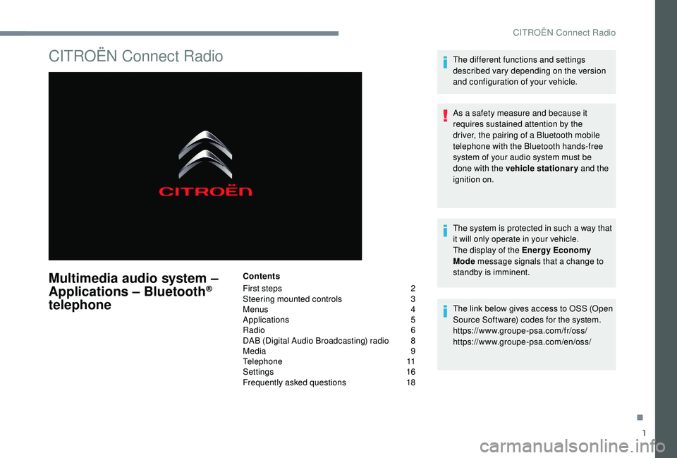 CITROEN C4 SPACETOURER 2022 Manual Online 1
CITROËN Connect Radio
Multimedia audio system –
Applications – Bluetooth®
telephone
Contents
First steps
2
S
teering mounted controls
3
M
enus
4
A
pplications
5
R
adio
6
D CITROEN C4 SPACETOURER 2022 Manual Online 1
CITROËN Connect Radio
Multimedia audio system –
Applications – Bluetooth®
telephone
Contents
First steps
2
S
teering mounted controls
3
M
enus
4
A
pplications
5
R
adio
6
D