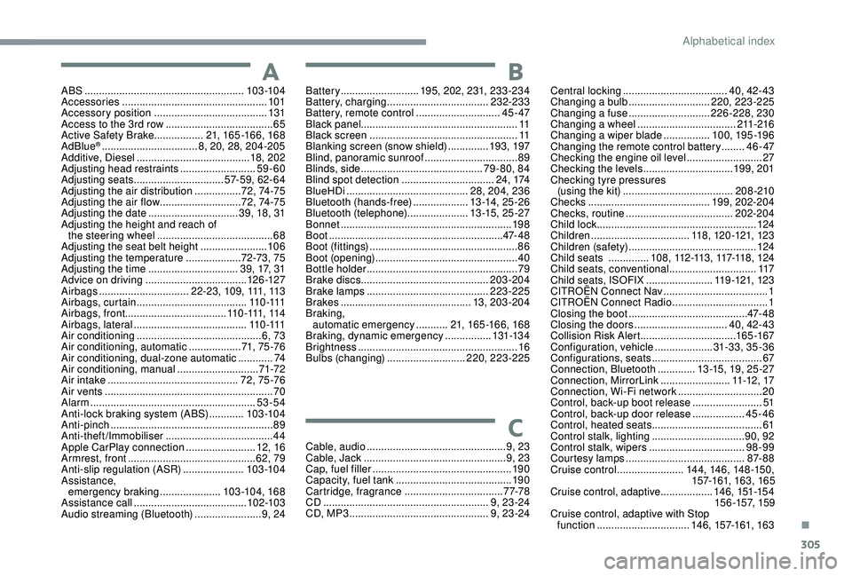 CITROEN C4 SPACETOURER 2022  Owners Manual 305
ABS .......................................................103 -104
Accessories  .................................................. 101
Accessory position
 

......................................