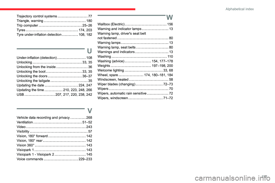 CITROEN C4 2022 Owners Guide 277
Alphabetical index
Trajectory control systems    77
Triangle, warning     
180
Trip computer
    
25–26
Tyres
    
174, 203
Tyre under-inflation detection
    
108, 182
U
Under-inflation (detect