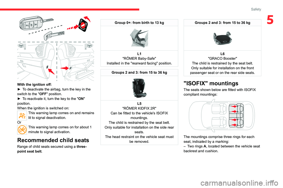 CITROEN C4 2022 Manual Online 87
Safety
5
With the ignition off:
► T o deactivate the airbag, turn the key in the
switch to the "OFF " position.
►
T
o reactivate it, turn the key to the "ON"
position.
W CITROEN C4 2022 Manual Online 87
Safety
5
With the ignition off:
► T o deactivate the airbag, turn the key in the
switch to the "OFF " position.
►
T
o reactivate it, turn the key to the "ON"
position.
W