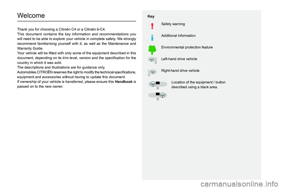 CITROEN C4 2020 Owners Manual
Welcome
Thank you for choosing a Citroën C4 or a Citroën ë-C4.
This document contains the key information and recommendations you
will need to CITROEN C4 2020 Owners Manual
Welcome
Thank you for choosing a Citroën C4 or a Citroën ë-C4.
This document contains the key information and recommendations you
will need to